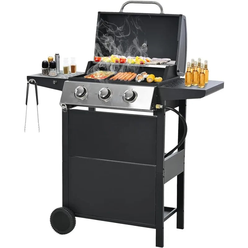 Unovivy 3-Burner Propane Gas BBQ Grill with Top Cover Lid, Wheels, and Side Storage Shelves & Built-in Thermometer, 25,650 BTU