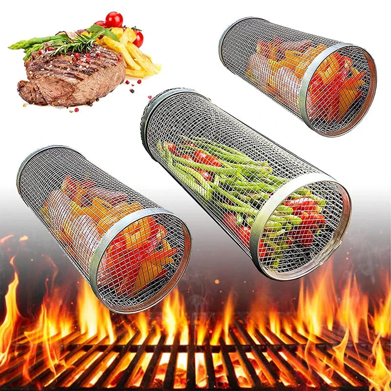 Grill Tools Non-Stick BBQ Mat, Mesh Grilling Bag, 24*14cm Long Handle, Barbecue Rack, Rolling Basket, Hot Sale, 40*33cm