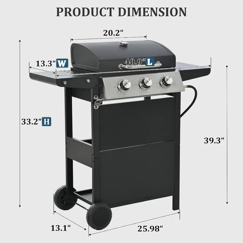 Unovivy 3-Burner Propane Gas BBQ Grill with Top Cover Lid, Wheels, and Side Storage Shelves & Built-in Thermometer, 25,650 BTU