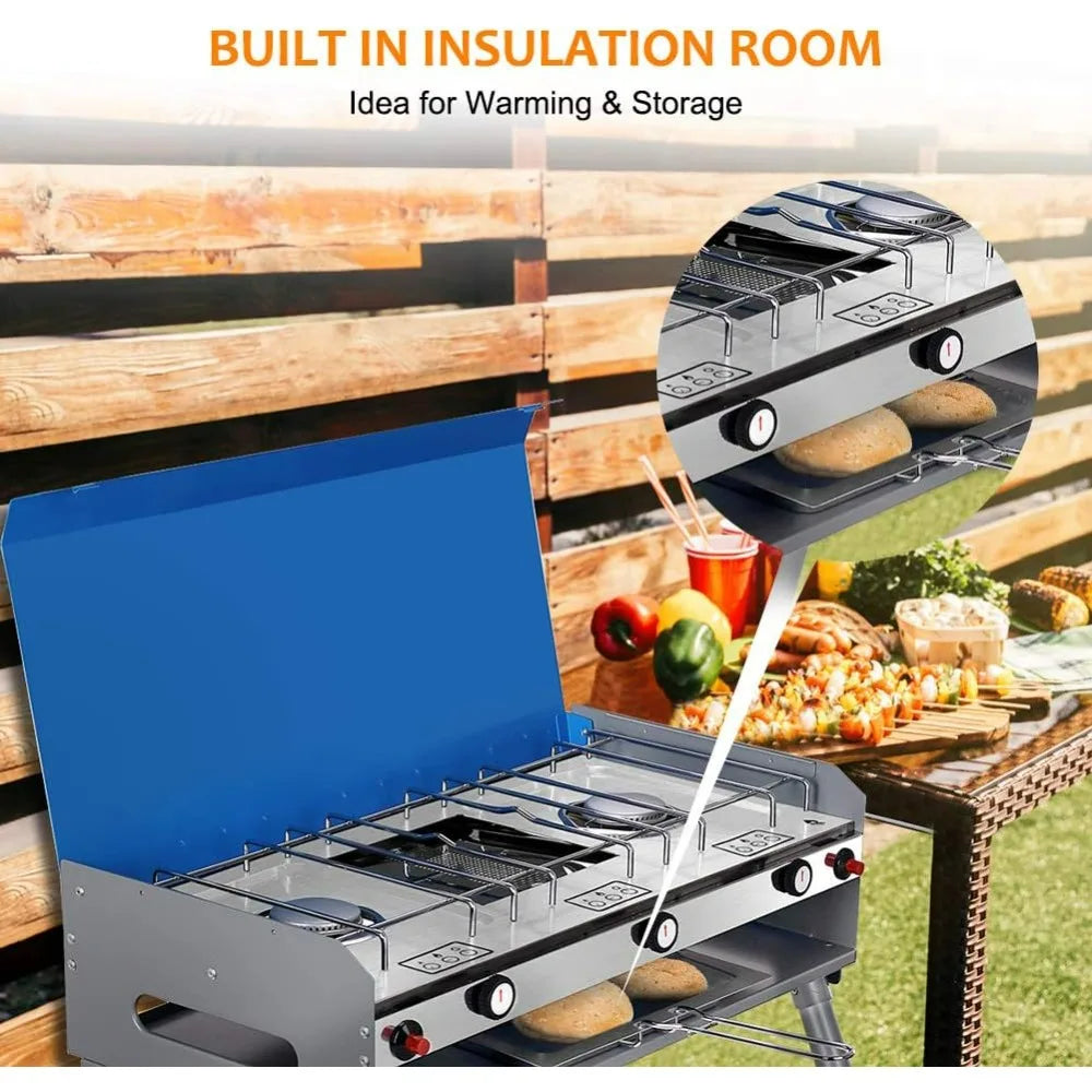 Propane Camping Stove 2 Burners & 1 Grill, Portable Outdoor Gas Stove, Auto-Ignition Camping Stove with Regulator, Total Power