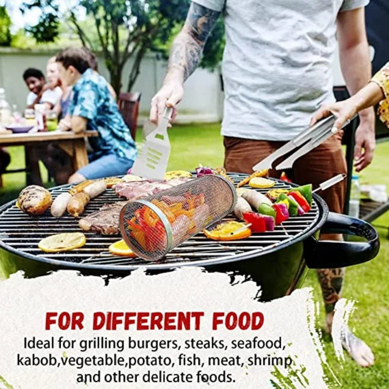 Barbecue Cages Barbecue Grill Grate Camping Picnic Cookware Outdoor Round BBQ Campfire Grill Grid Rolling Grill Basket Rack