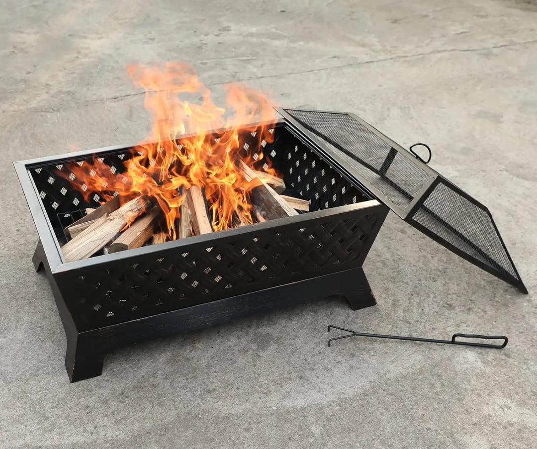 Outdoor Wood Burning Fire Pits, Rectangular Deep Bowl Large Patio Firepit with Spark Screen, Poker & Metal Grate, 34" x 26"