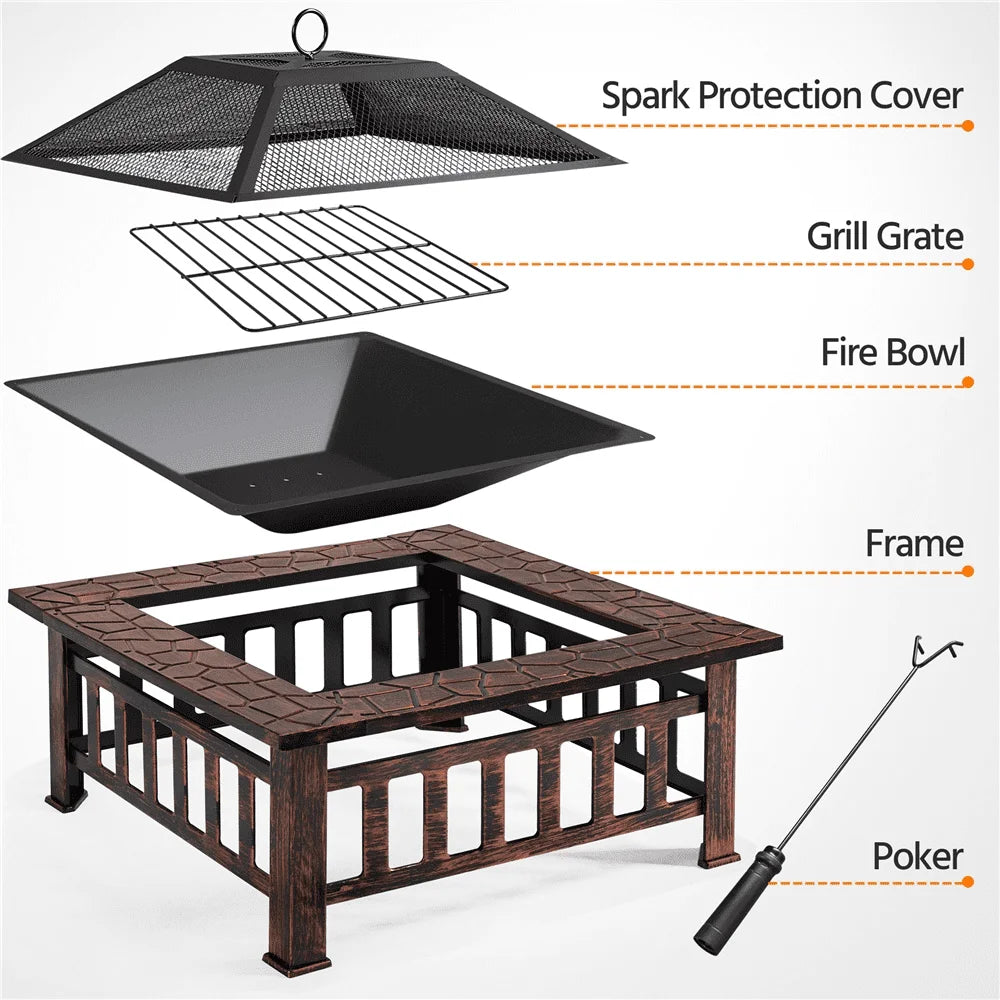 32''/34" Square Steel Fire Pit, Fire Pit Outdoor Fire Pits with Heat-Resistant Coating Outdoor Fireplace with Spark Screen Cover