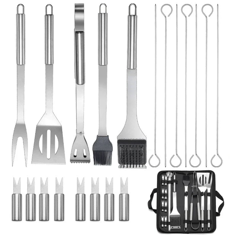 20Pcs/set BBQ Grill Tools Set Stainless Steel Heavy Duty Grilling Accessories Kit Grill Utensils Set with Canvas Bag