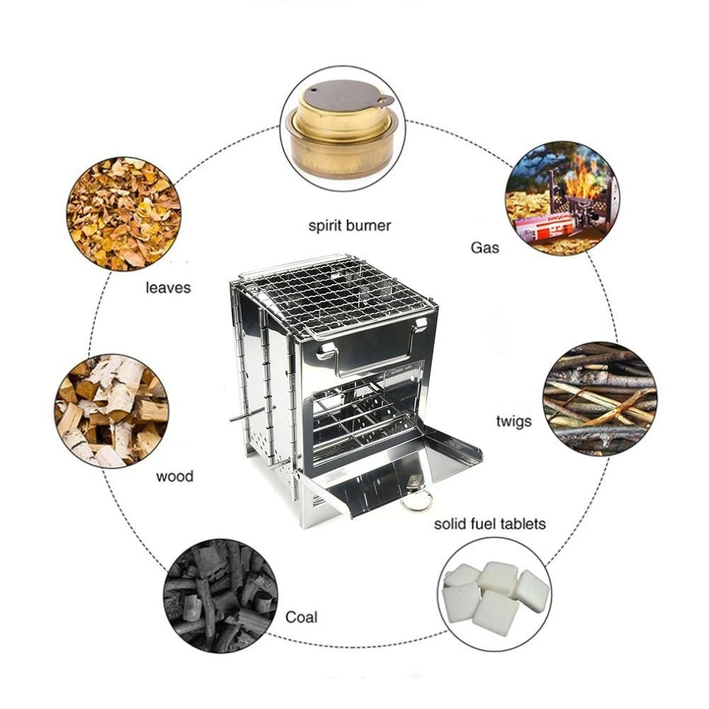 New Stainless Steel Square Wood Stove Grill Foldable Outdoor Travel Mini Charcoal Stove Portable Mini Camping BBQ Picnic Stove