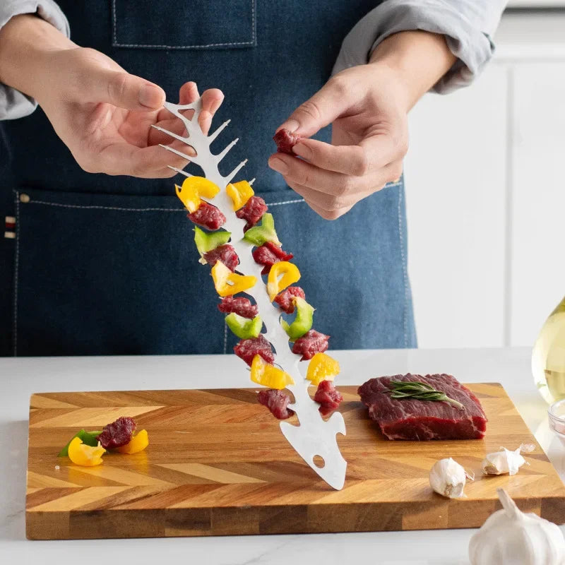 Stainless Steel Barbecue Pick Fish Bone Roasted Skewer Piercing Meat Tool Barbecue Utensils Grill Grilling Net Kitchen Tools