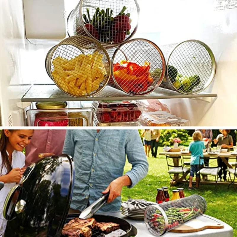 Barbecue Cages Barbecue Grill Grate Camping Picnic Cookware Outdoor Round BBQ Campfire Grill Grid Rolling Grill Basket Rack