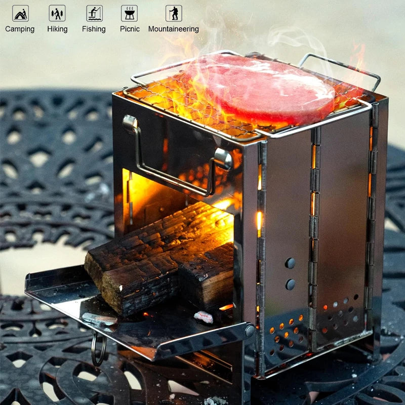 Stainless Steel Foldable Wood Stove with Mini Charcoal Grill, Lightweight Barbecue Grill for Camping, Garden, Outdoor Picnic