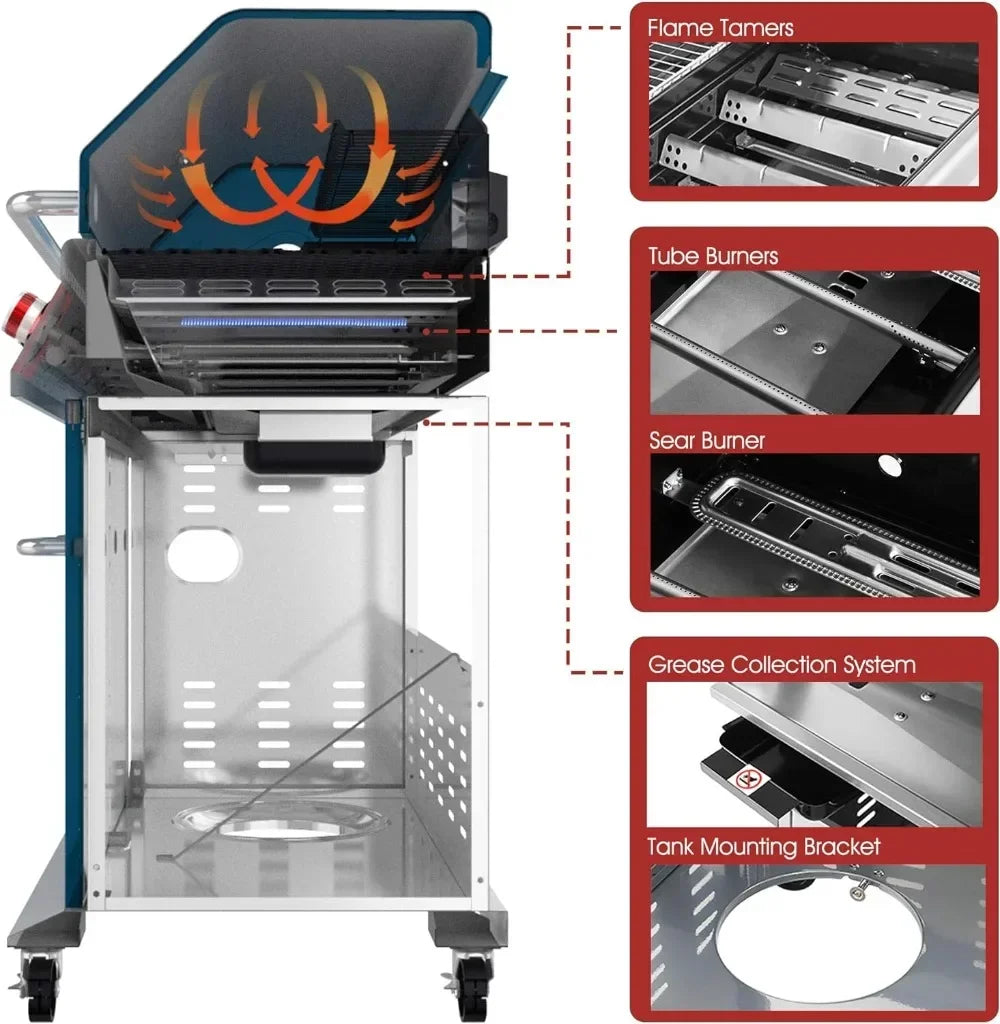 5-Burner BBQ Cabinet Style Propane Gas Grill with Rotisserie Kit, Sear Burner, Rear Burner and Side Burner, 74,000 BTU