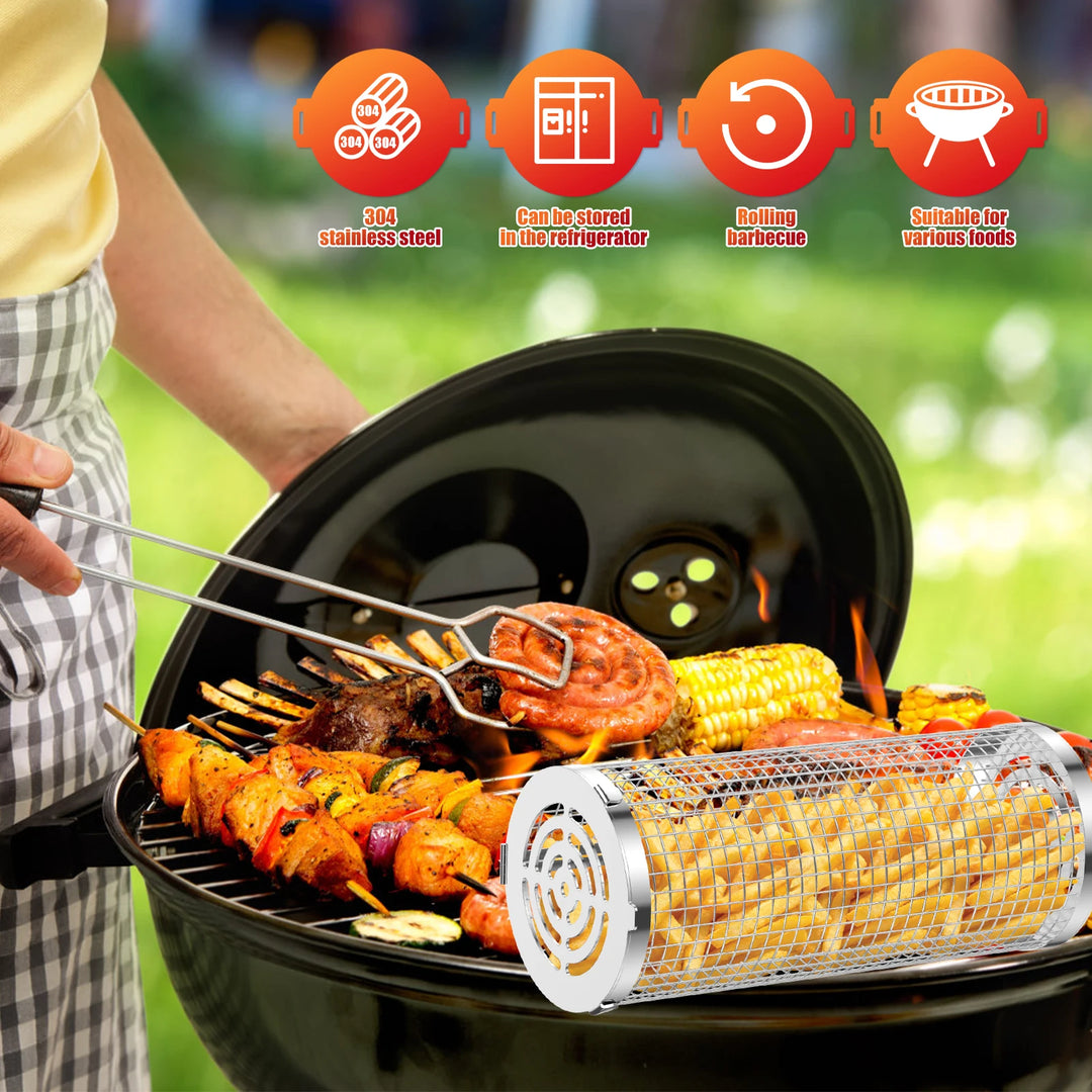 BBQ Grill Basket Stainless Steel Mesh Barbecue Rack Cylinder Washable Reusable Barbecue Grill Grate Camping Picnic Cookware