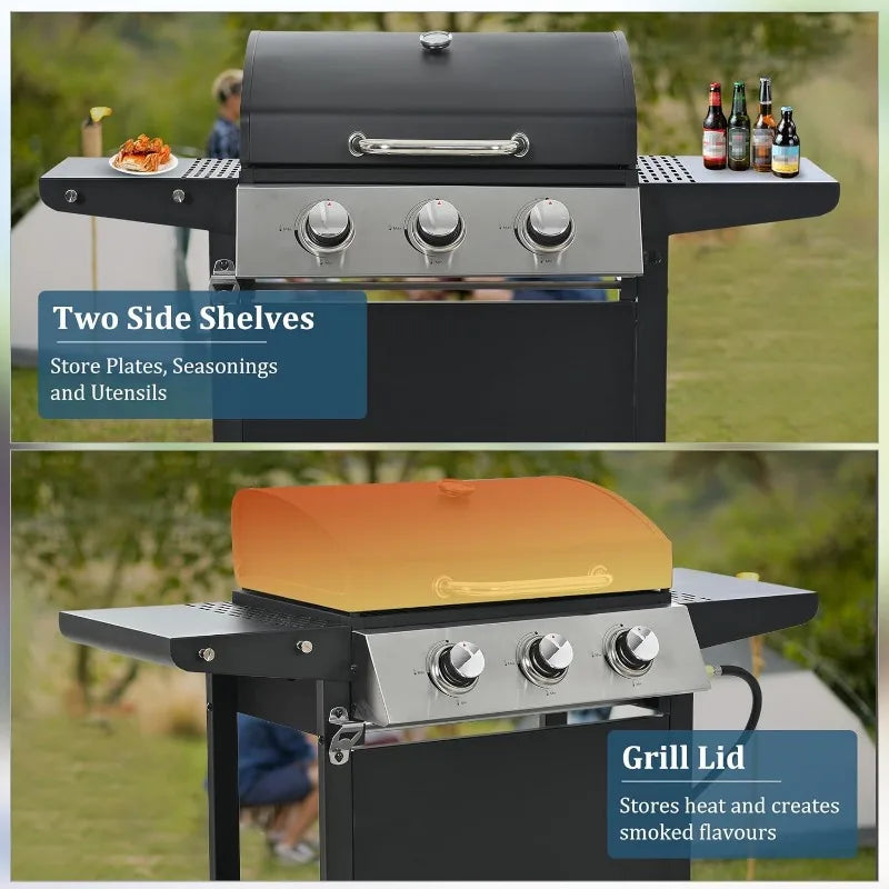 Unovivy 3-Burner Propane Gas BBQ Grill with Top Cover Lid, Wheels, and Side Storage Shelves & Built-in Thermometer, 25,650 BTU