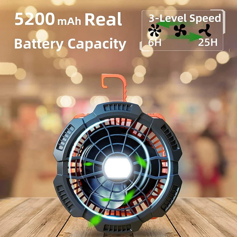 Camping Fan With LED Lantern, 25 Hours Portable Battery Operated Fan With Hang Hook, Rechargeable Outdoor Tent Fan