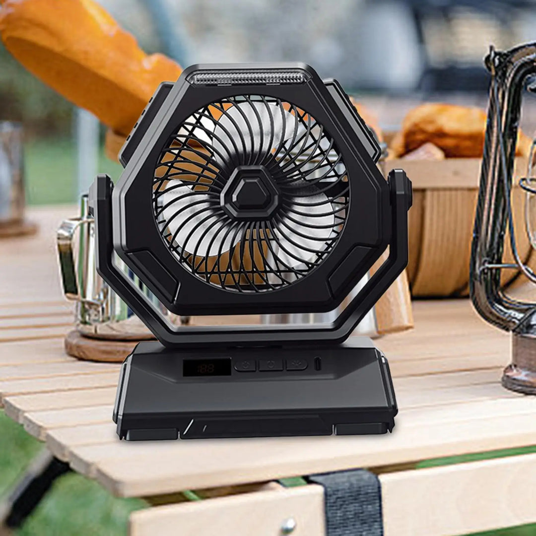 Battery Operated Fan, Portable Rechargeable Desk/Camping Fan with LED Light and Hook, Outdoor Fan for Tent Car Trip