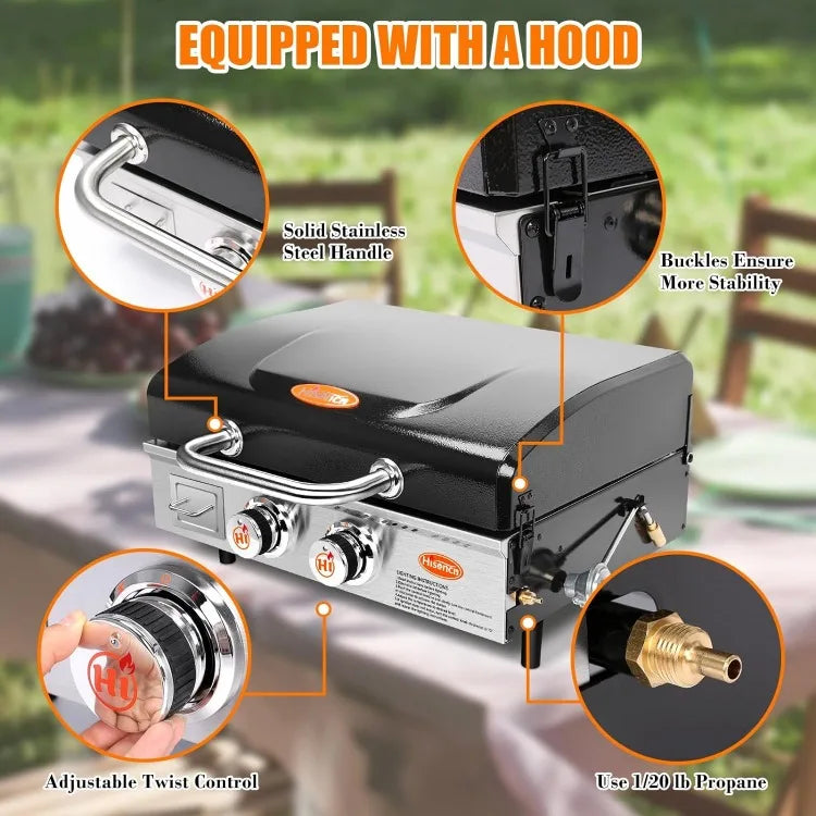 Portable Flat Top Grill Propane Gas Grill for Outdoor, Camping, Tabletop, Kitchen, Tailgating, RV - 348 sq. in. Heavy Duty