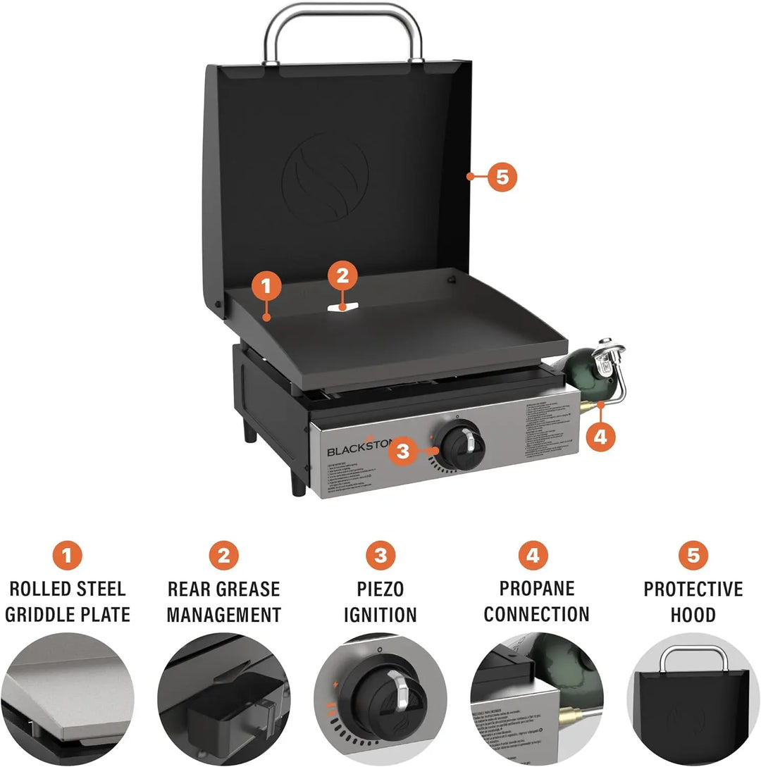 Portable 17 Inch Tabletop Griddle Propane Gas Flat Top Griddle for Camping, Outdoor, RV Picnic, Tailgating, Stainless Steel
