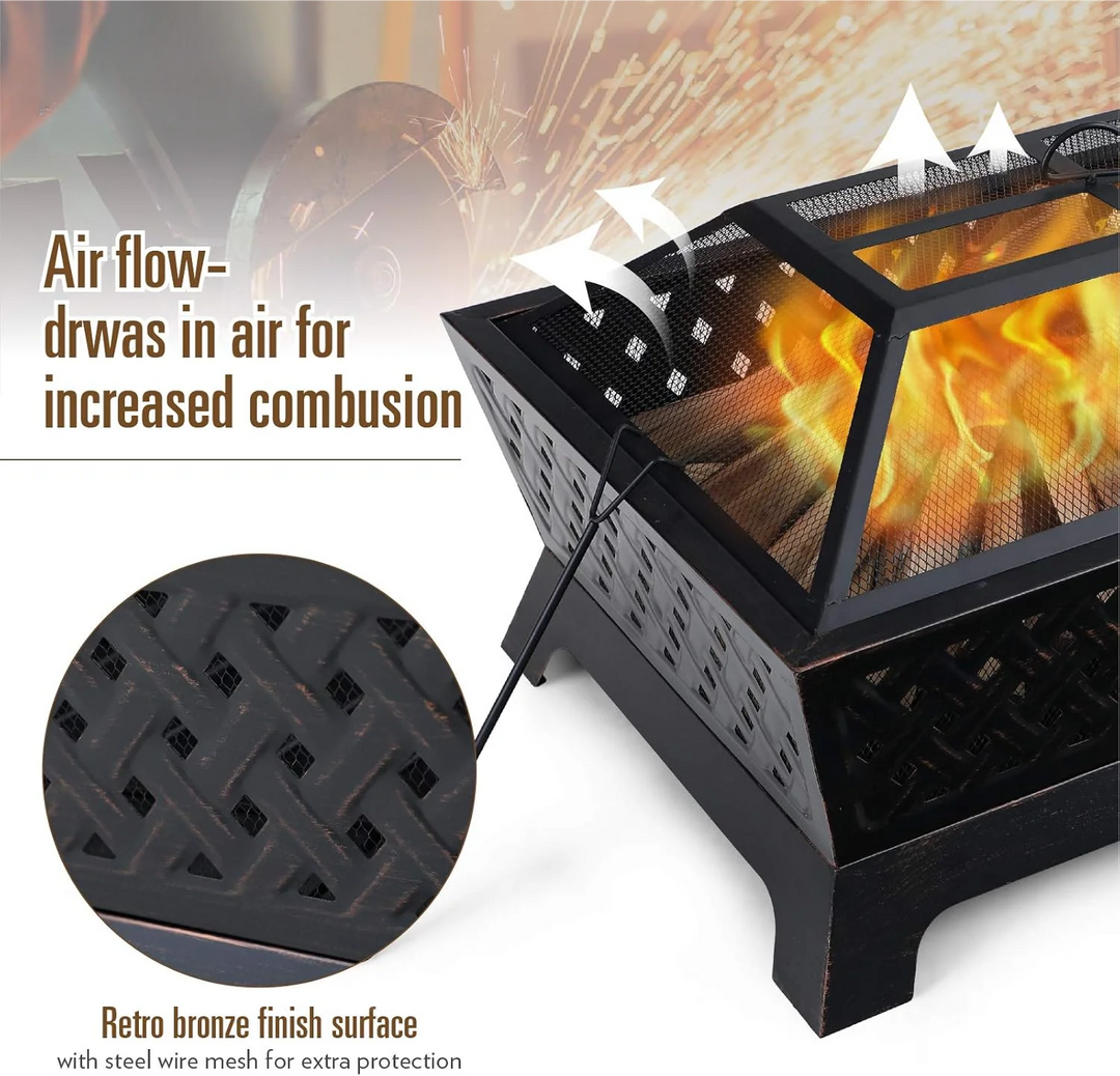 Outdoor Wood Burning Fire Pits, Rectangular Deep Bowl Large Patio Firepit with Spark Screen, Poker & Metal Grate, 34" x 26"