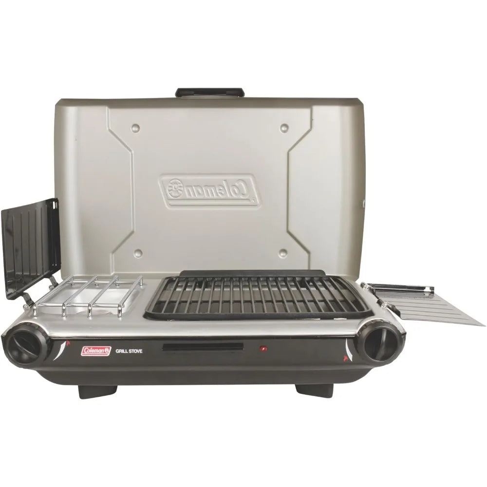 Classic 2-in-1 Camping Grill/Stove with 2 Adjustable Burners, Propane Grill/Stove with Push-Button Starter, Wind Guards